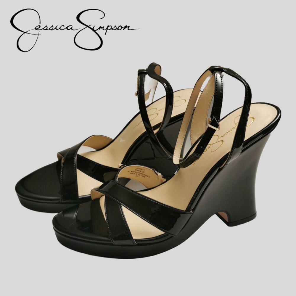 Jessica Simpson Black Patent Strap Wedges Size 11 M (Like New)